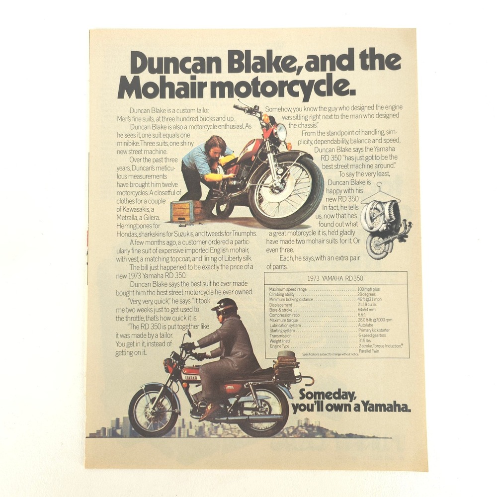 Yamaha RD350 Print Ad 1973 Duncan Blake Motorcycle Vintage Garage Wall Decor Art